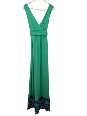 Boden Green Sleeveless Maxi Dress 12L Wave Applique Hem V-Neck Boho Chic Resort